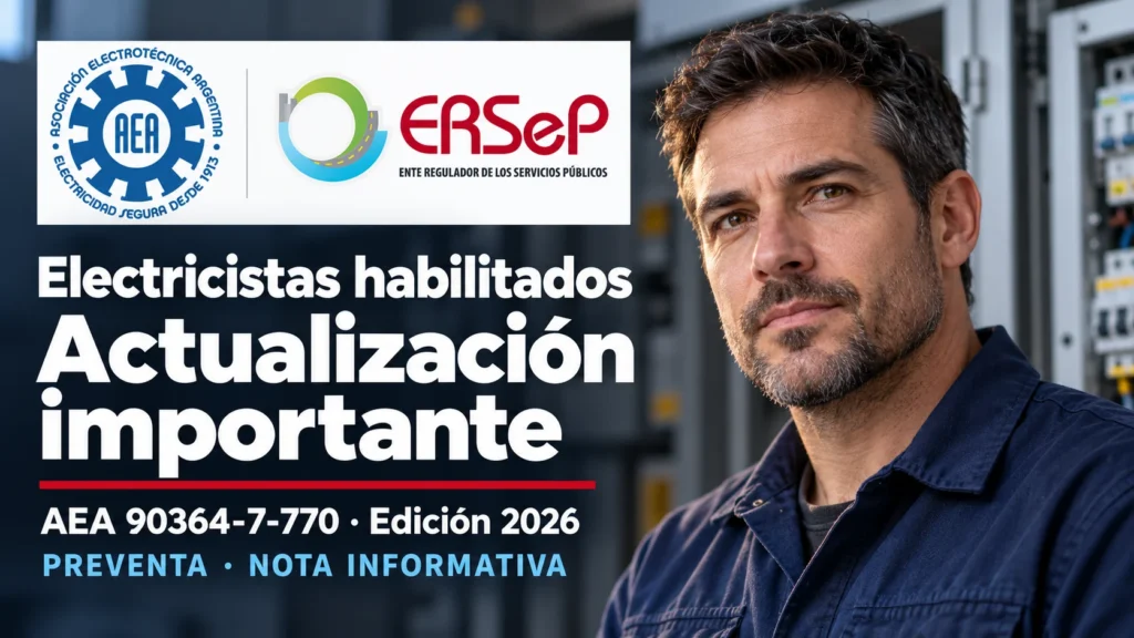 Retrato de un electricista junto a los logos de AEA y ERSeP y el texto Electricistas habilitados, Actualización importante.