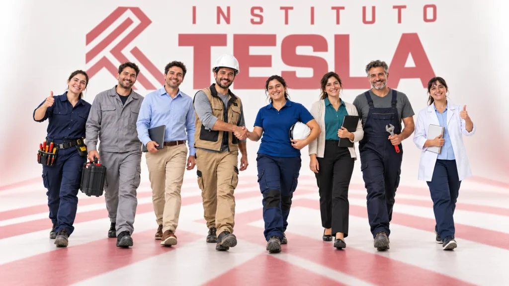 Personas de oficios técnicos, farmacia y administración avanzan sonriendo sobre un fondo y piso continuos con el logo de Instituto Tesla.